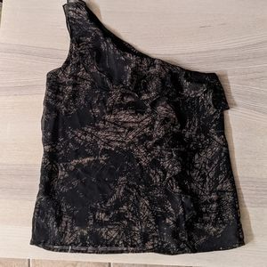 Black and tan medium cold-shoulder top with ruffles